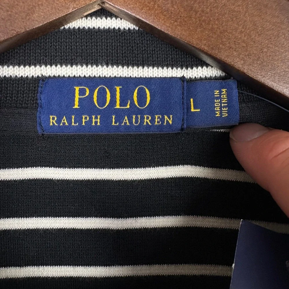 Polo Ralph Lauren Quarter Zip Mens L Black White Striped Pony Logo Pullover NEW